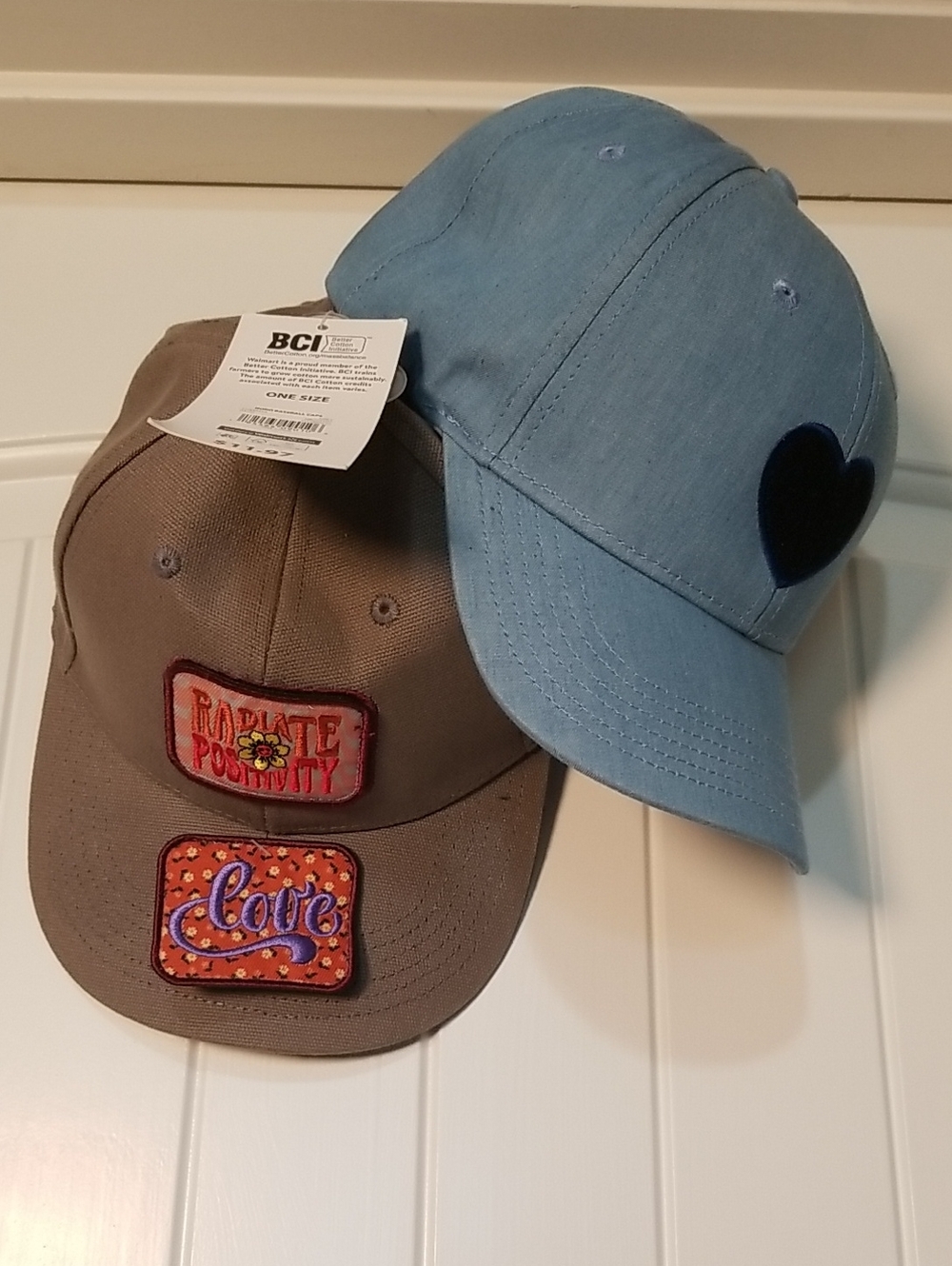 NWT Two Baseball Caps Light Blue Heart & Taupe Interchangeable Patches "Love"
